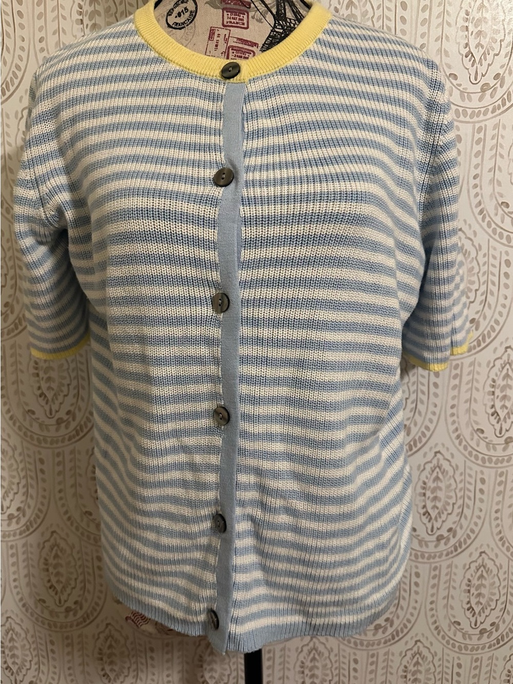 Amazon Light Blue & White Striped Short-Sleeve Button Cardigan with Yellow Trim